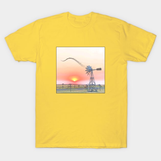 Farm Scene at Sunset with Windmill Playing Guitar T-Shirt by numpdog